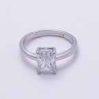 16K Gold Filled Baguette CZ Solitaire Adjustable Ring in Silver