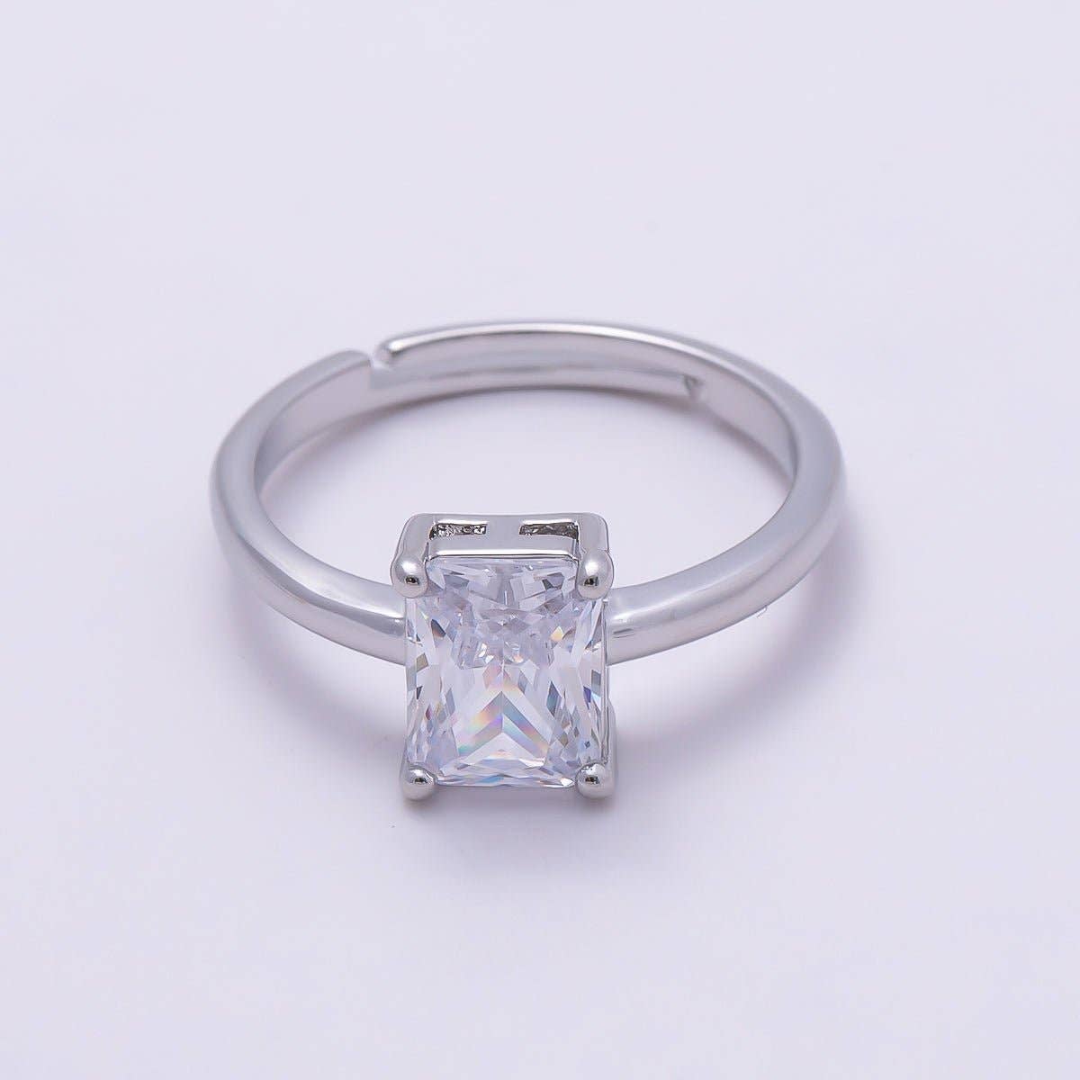 16K Gold Filled Baguette CZ Solitaire Adjustable Ring in Silver