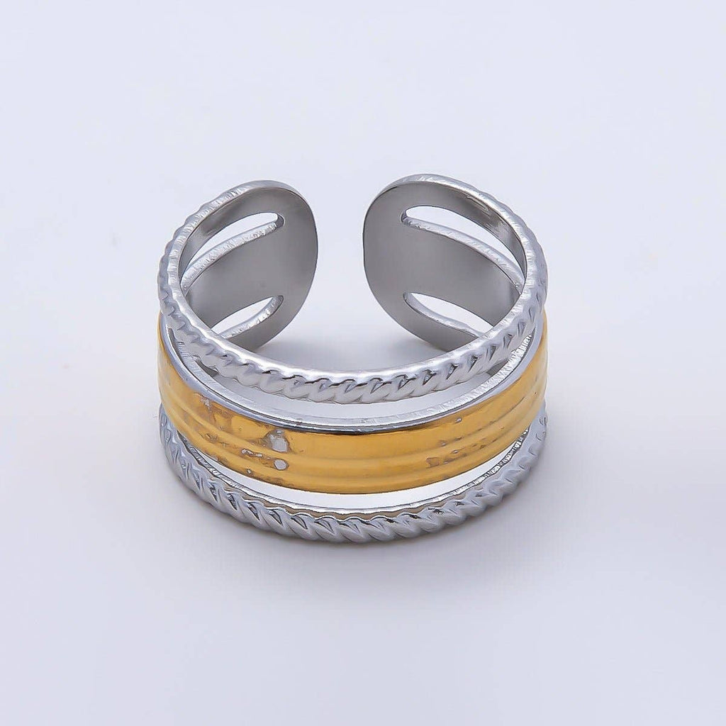Stainless Steel Mixed Metal Wide Croissant Triple Band Ring
