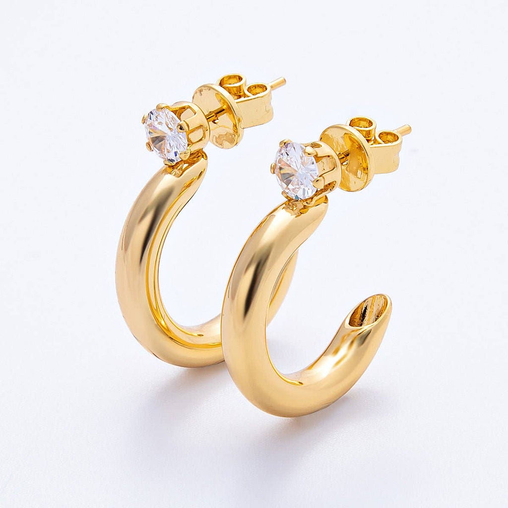 18K 25mm Clear CZ C-Shaped Hoop Earrings