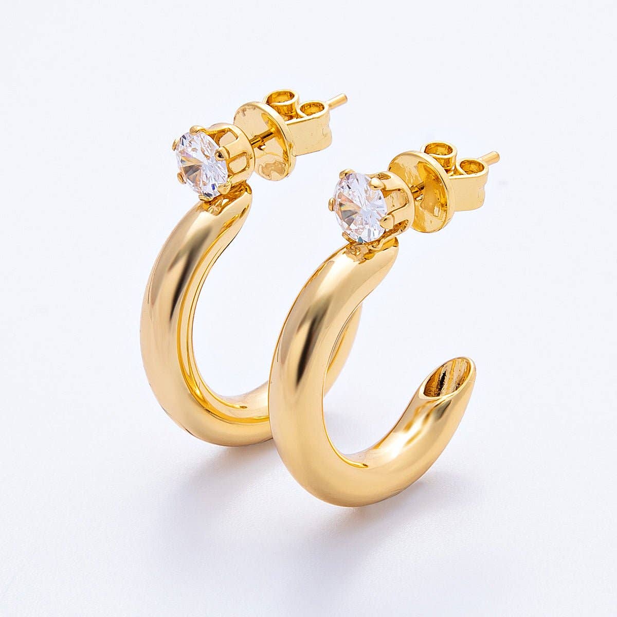 18K 25mm Clear CZ C-Shaped Hoop Earrings