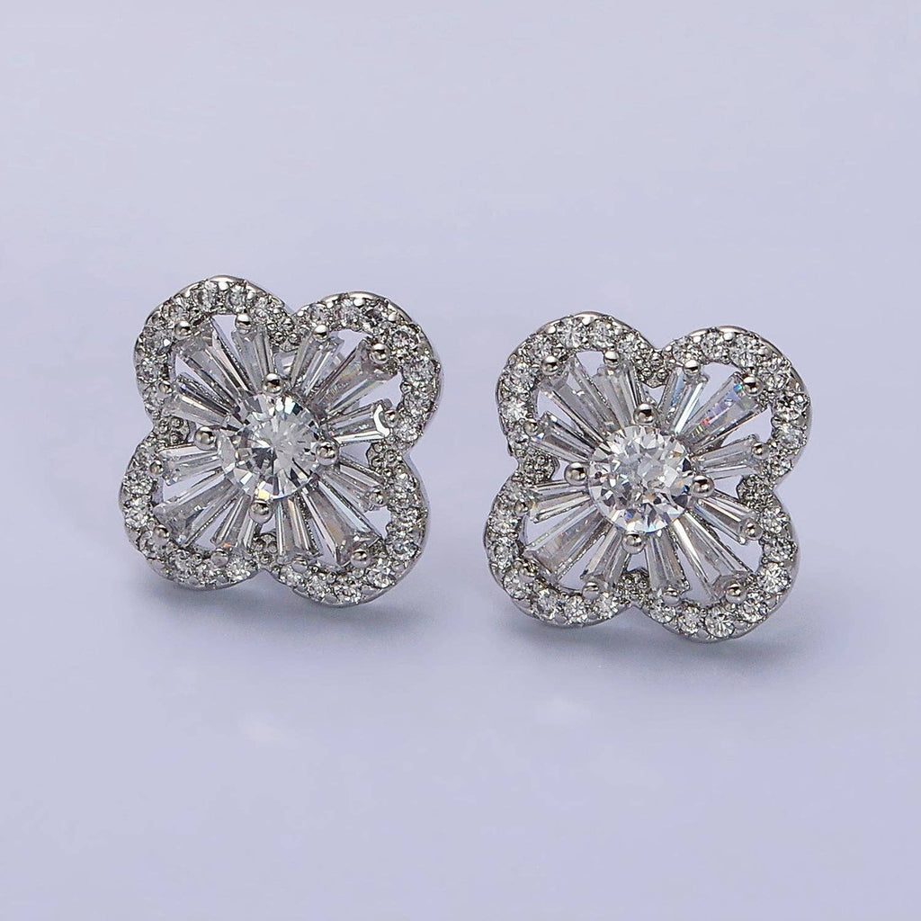 Silver Gold Filled Clover Quatrefoil Baguette CZ Stud Earrings