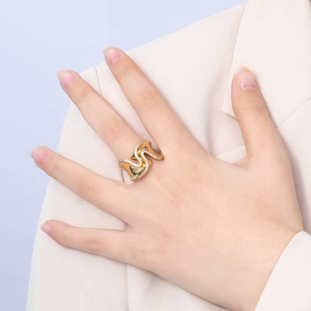 16K Gold Filled Micro Paved CZ Foil Wavy Abstract Statement Ring