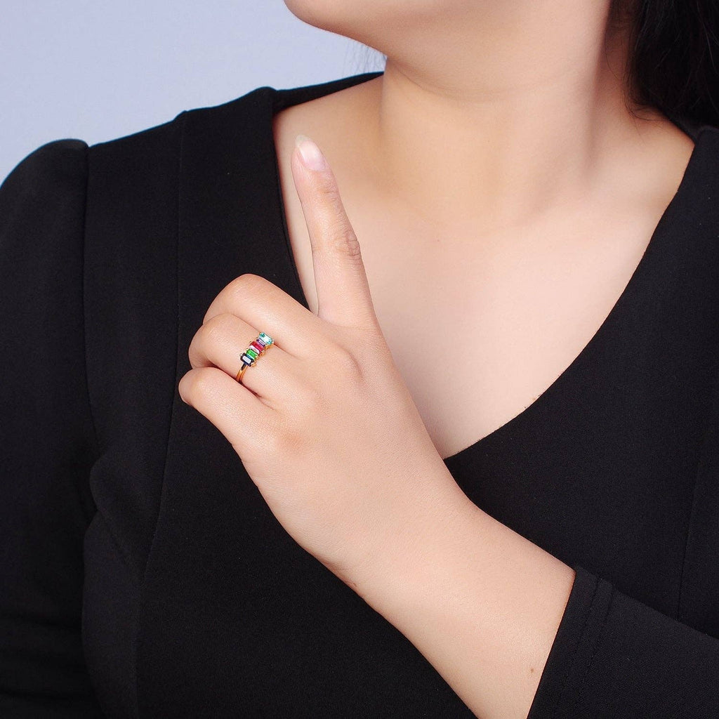 14K Gold Filled Minimalist Colorful Baguette Ring, Gold Mini