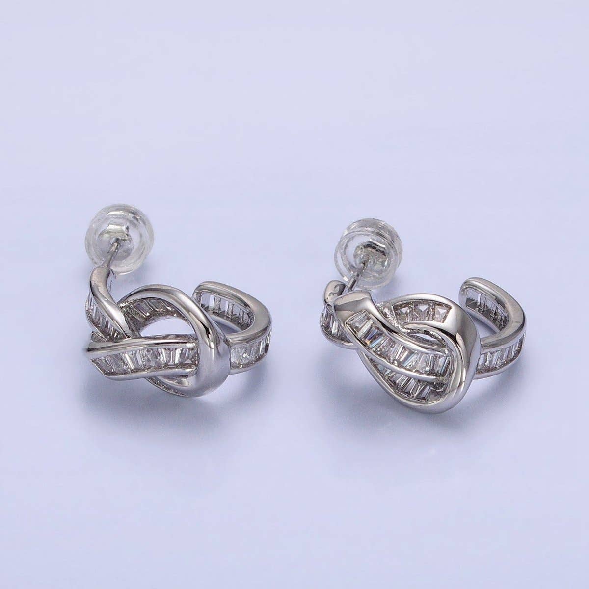 White Gold Filled Clear Baguette Bar Abstract Twirl Stud Earrings