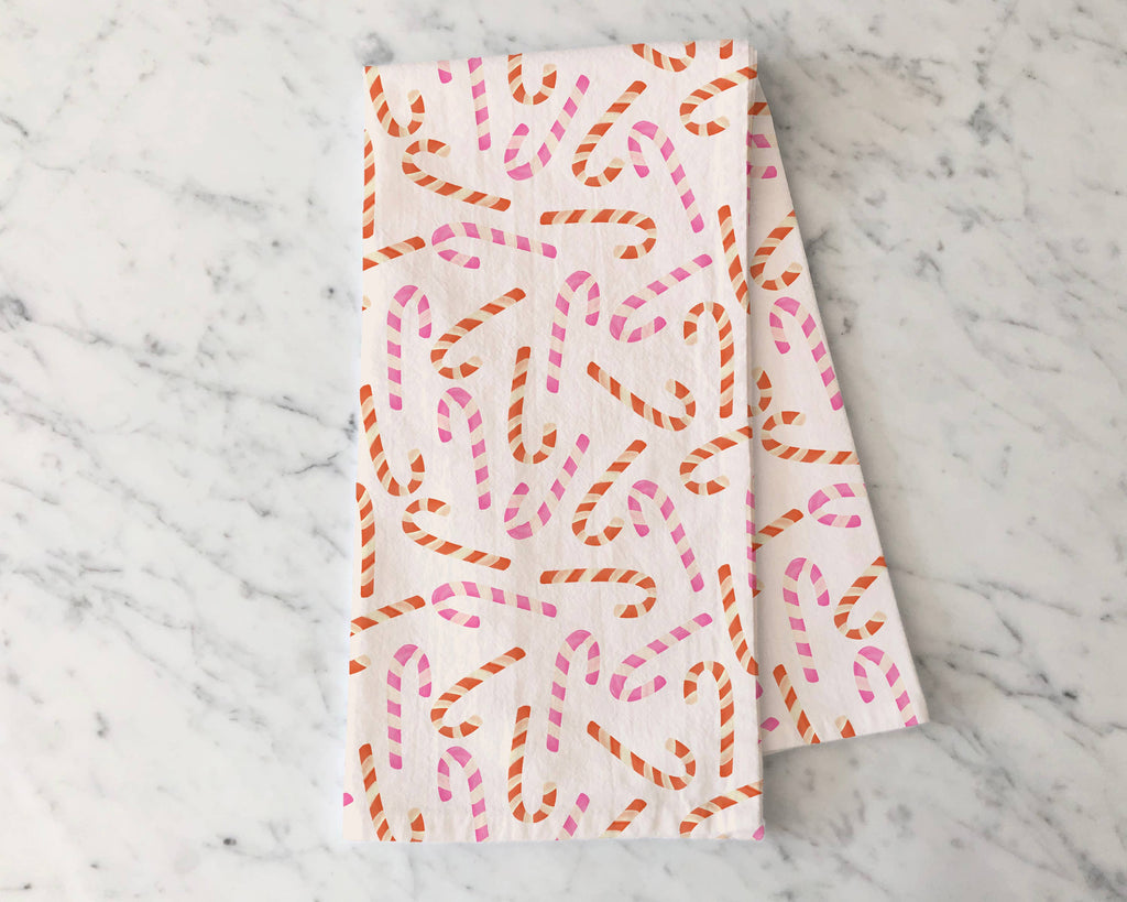 Christmas Candy Canes Red and Pink - Tea Towel