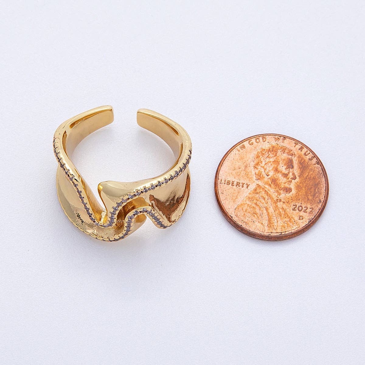 16K Gold Filled Micro Paved CZ Foil Wavy Abstract Statement Ring