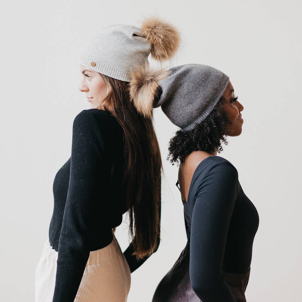 Fine Knit Angora Fur Pom Slouchy Beanie : Mocha