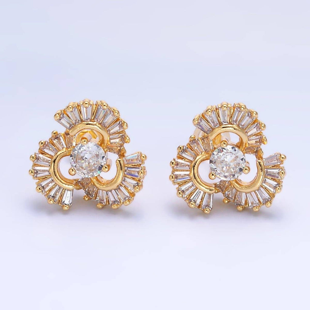 24K Gold Filled CZ Round Baguette Circular Geometric Stud Earrings