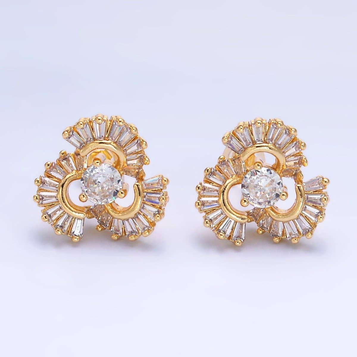 24K Gold Filled CZ Round Baguette Circular Geometric Stud Earrings