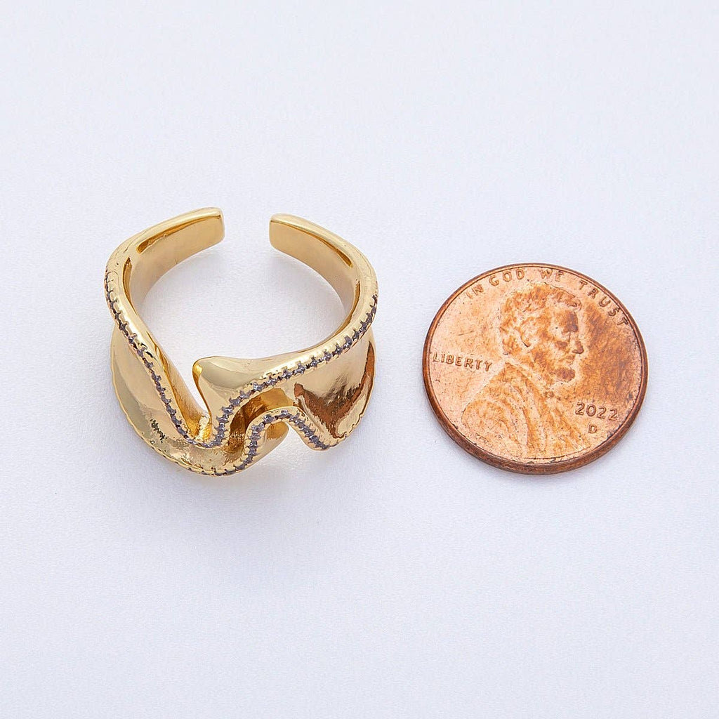 16K Gold Filled Micro Paved CZ Foil Wavy Abstract Statement Ring