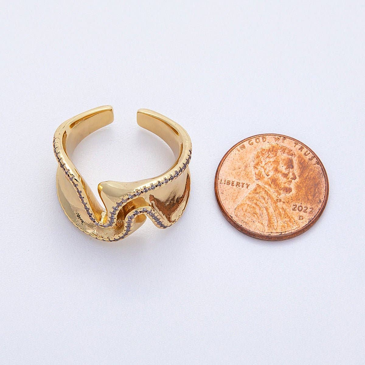 16K Gold Filled Micro Paved CZ Foil Wavy Abstract Statement Ring