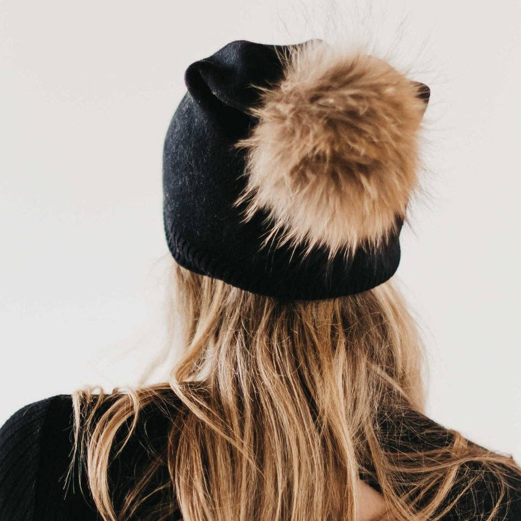 Fine Knit Fur Pom Slouchy Beanie Wholesale: Cream