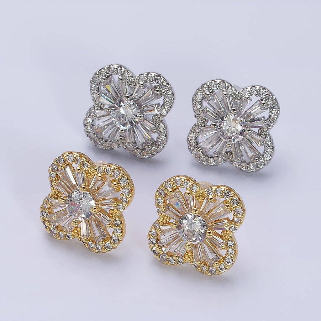 Silver Gold Filled Clover Quatrefoil Baguette CZ Stud Earrings