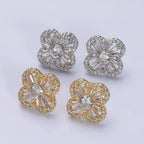 Silver Gold Filled Clover Quatrefoil Baguette CZ Stud Earrings