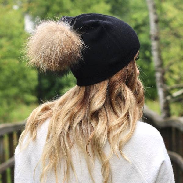 Fine Knit Angora Fur Pom Slouchy Beanie : Mocha