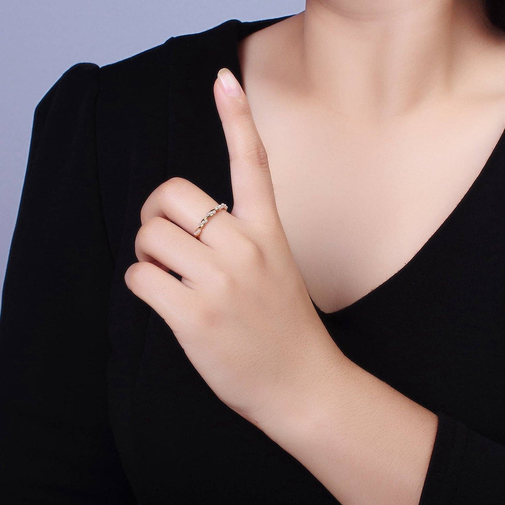 14K Gold Filled Dotted Pearl Lined Croissant Twisted Ring