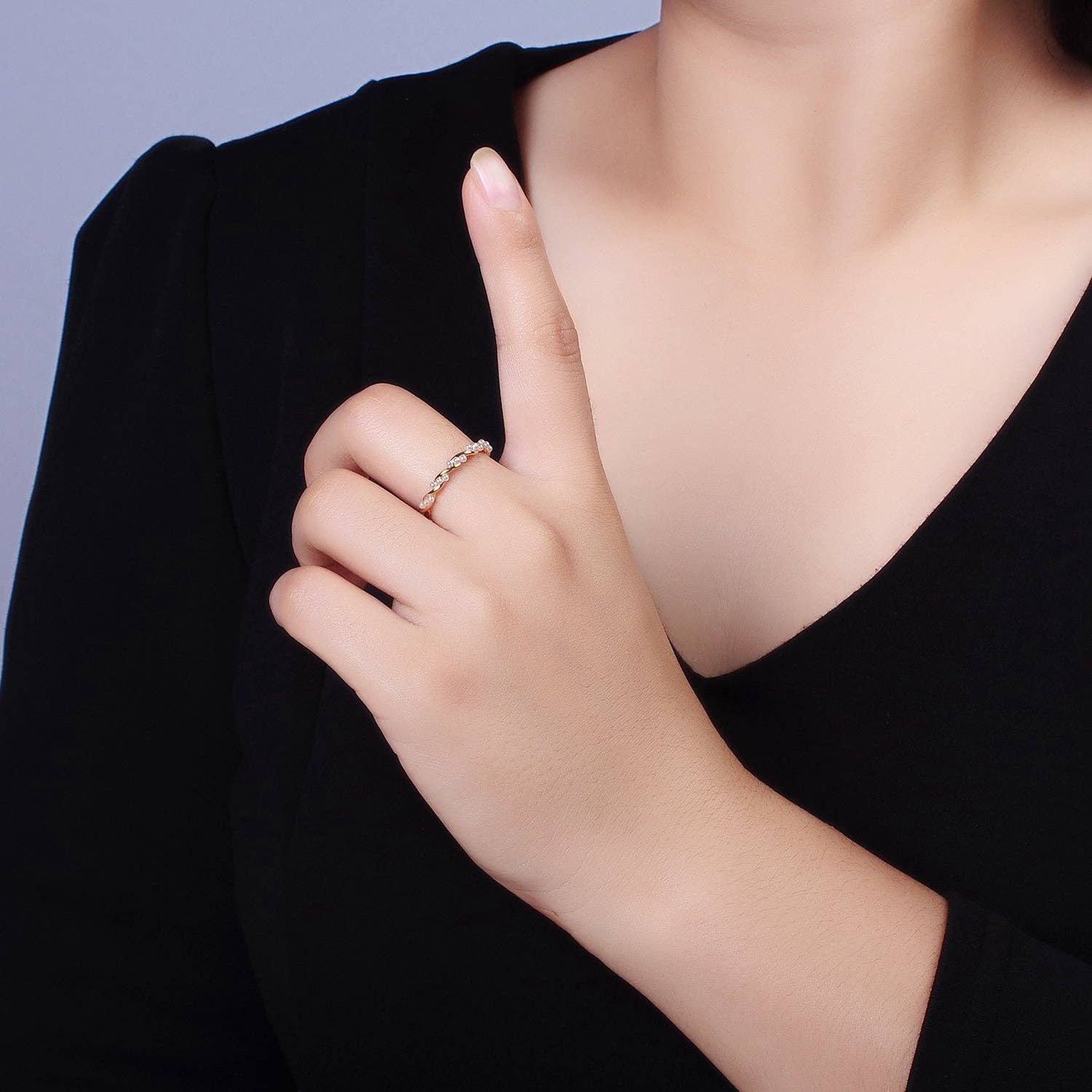 14K Gold Filled Dotted Pearl Lined Croissant Twisted Ring