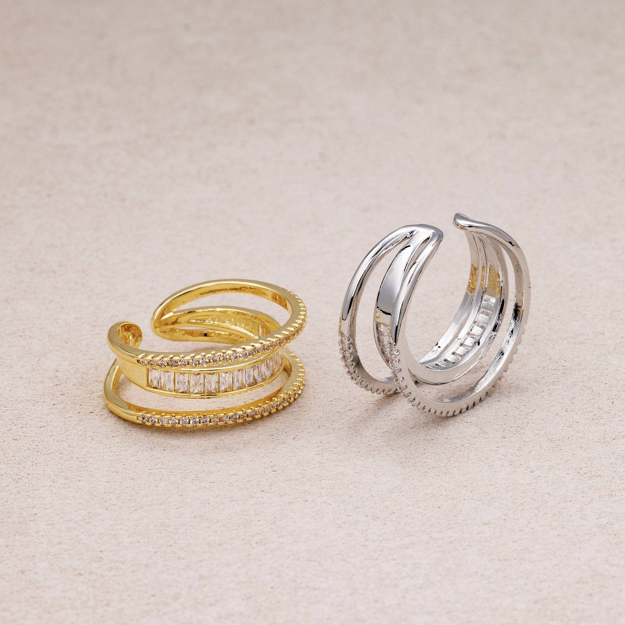 Triple Banded CZ Baguette Micro Pave Adjustable Rings Silver or Gold