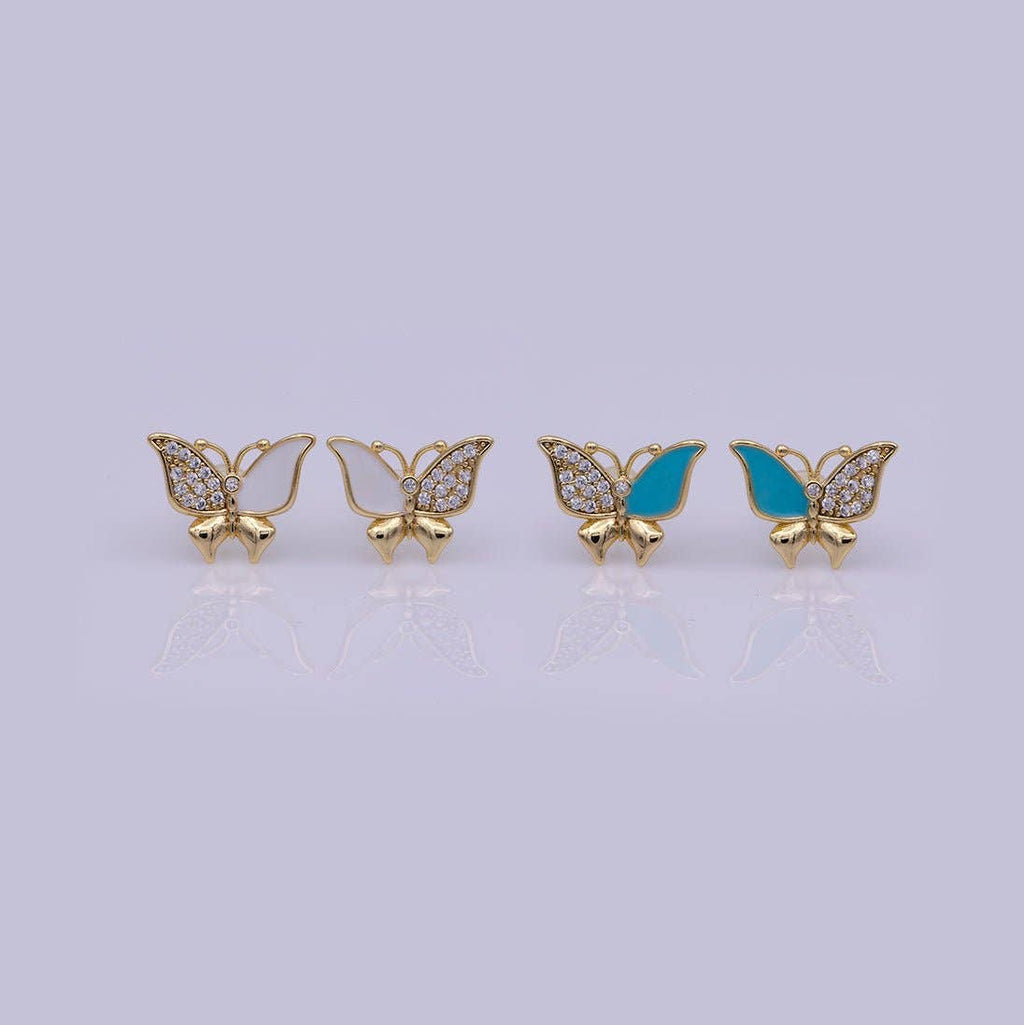 Dainty Teal, White Enamel, Crystal Zirconia CZ Butterfly Wings Gold Stud Earrings