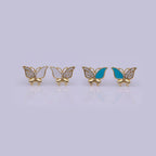 Dainty Teal, White Enamel, Crystal Zirconia CZ Butterfly Wings Gold Stud Earrings