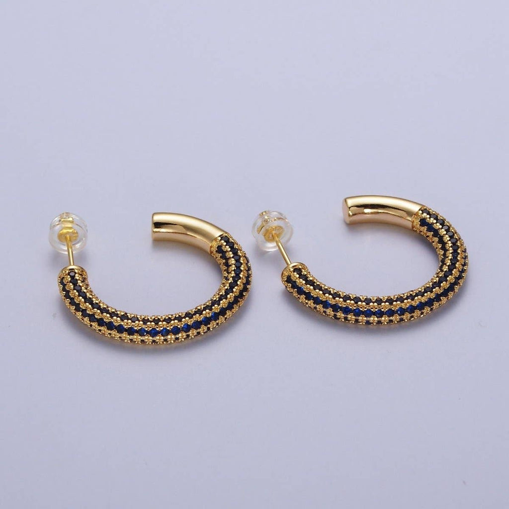 14K Gold Filled Blue Micro Paved CZ C Shaped Hoop Studs
