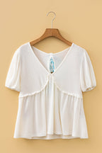 Floral Bow Tie Back Bubble Sleeve Peplum Top: White