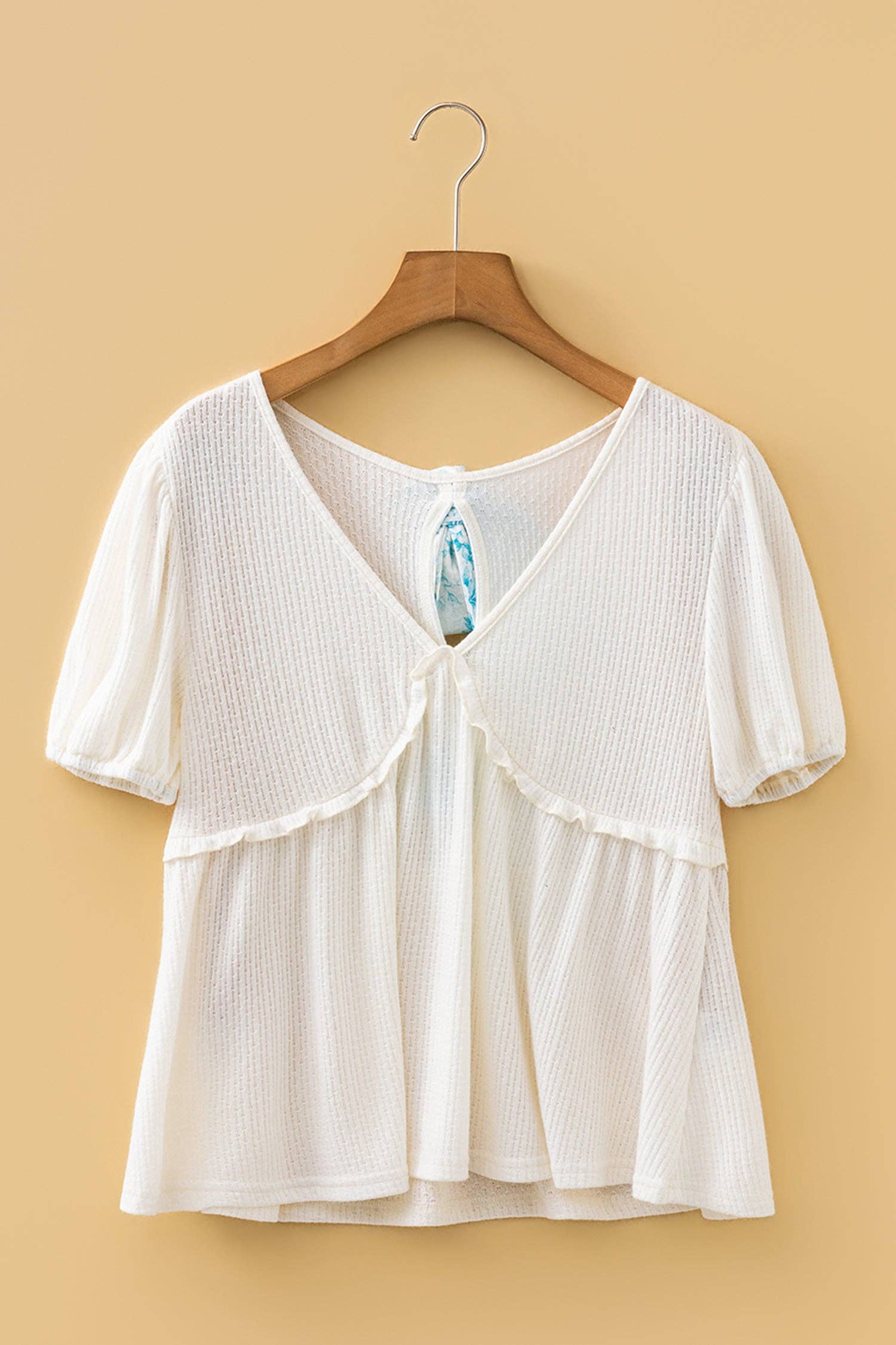 Floral Bow Tie Back Bubble Sleeve Peplum Top: White