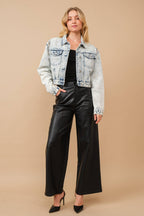 Acid Washed Shoulder Beading Denim Jacket: LIGHT WASH