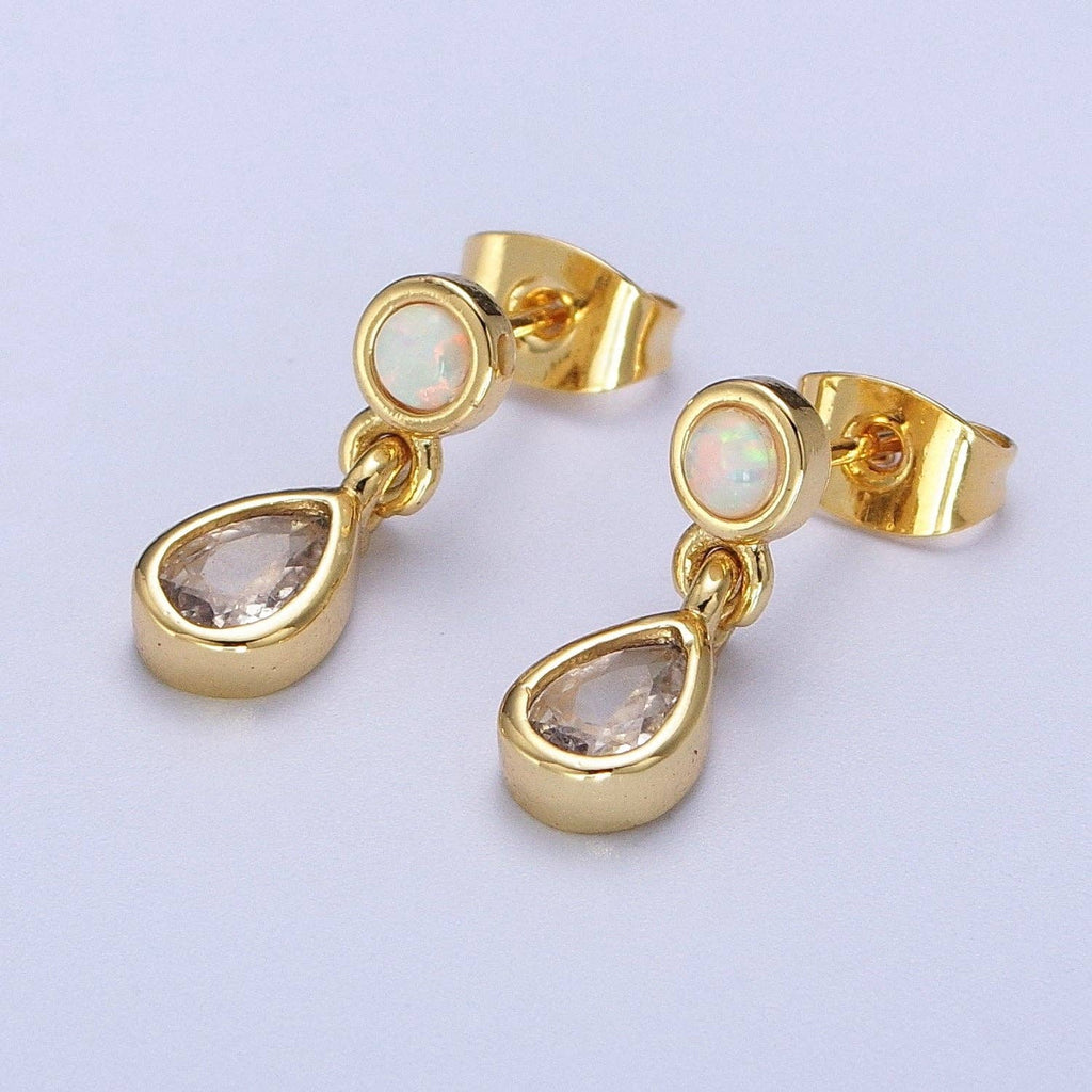 24K Gold Filled Clear Teardrop Drop Dangle Round White Opal Stud Earrings