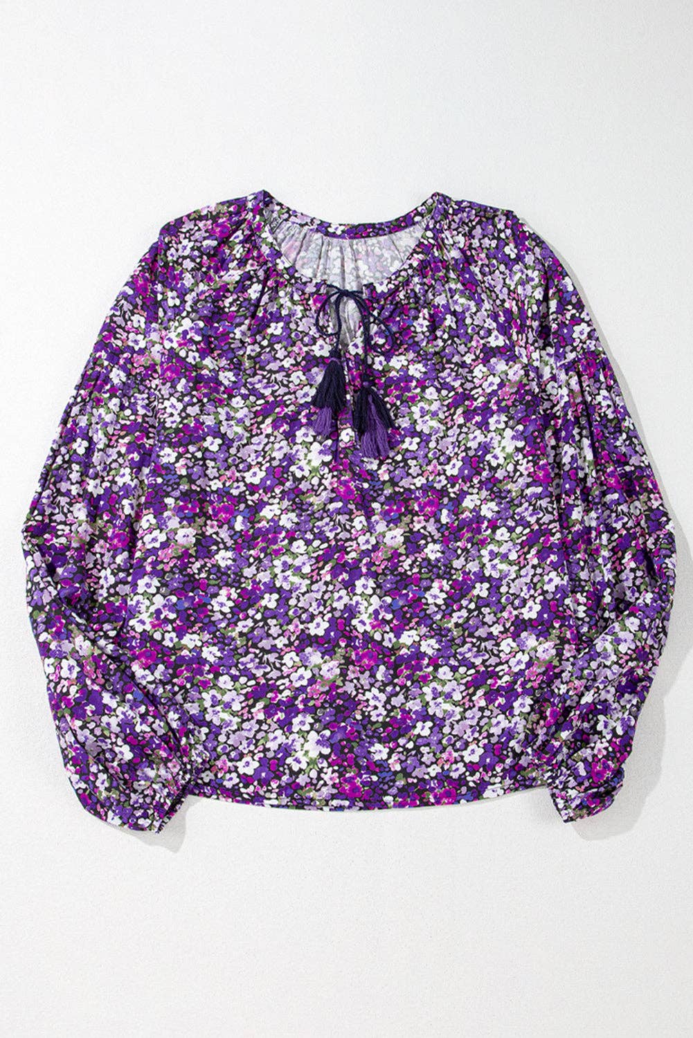 Boho Flower V-Neck Bubble Sleeve Top: Purple