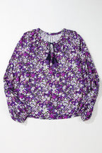 Boho Flower V-Neck Bubble Sleeve Top: Purple