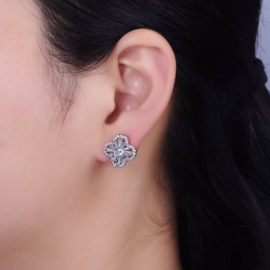 Silver Gold Filled Clover Quatrefoil Baguette CZ Stud Earrings