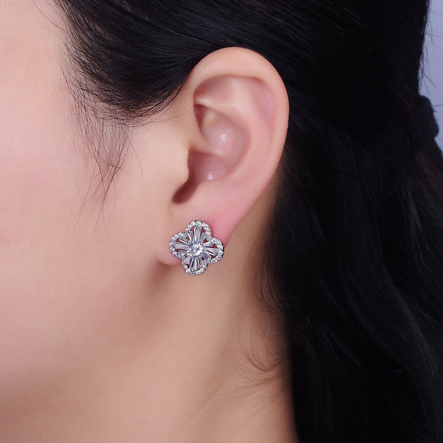 Silver Gold Filled Clover Quatrefoil Baguette CZ Stud Earrings