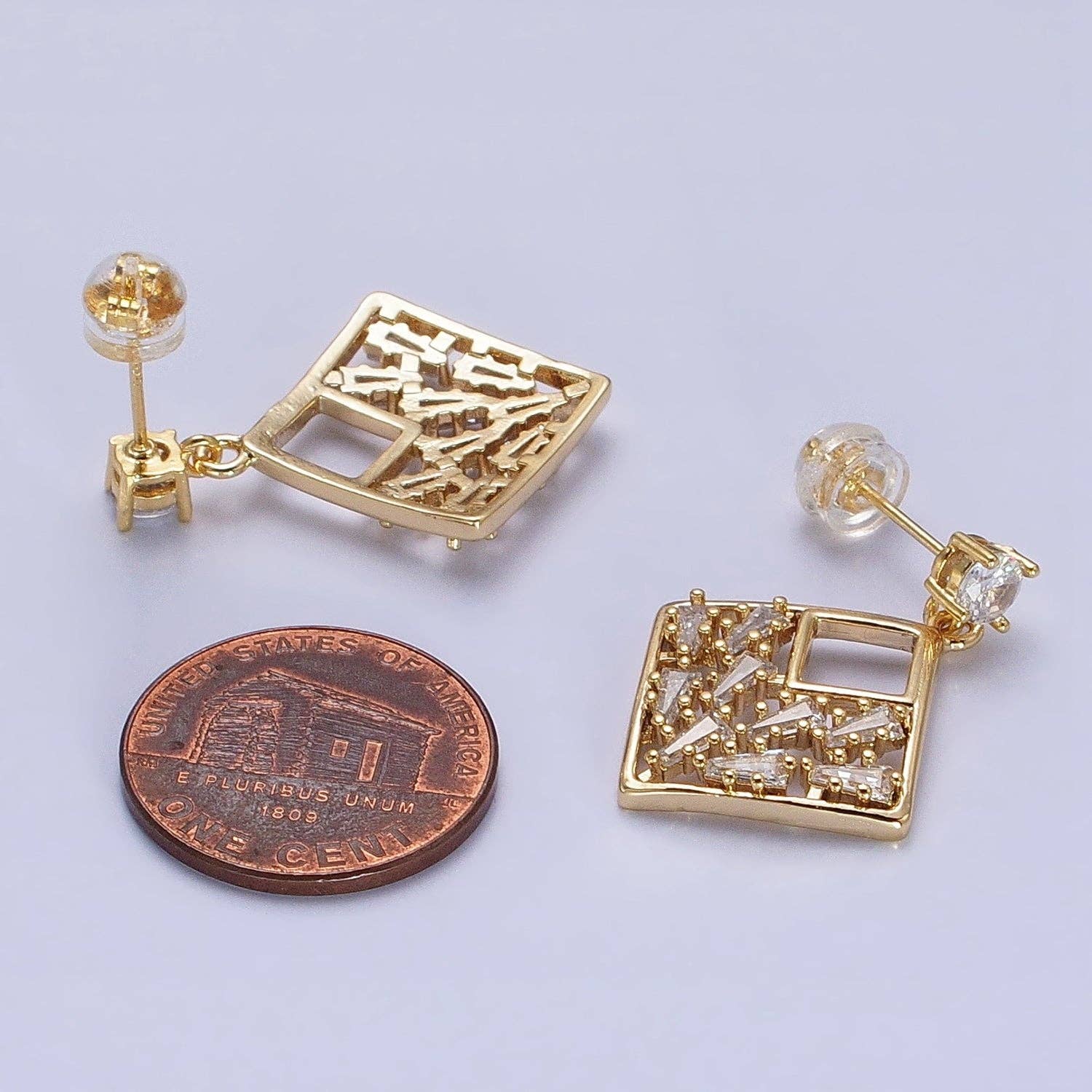 Gold Rhombus Dangle Stud Earring