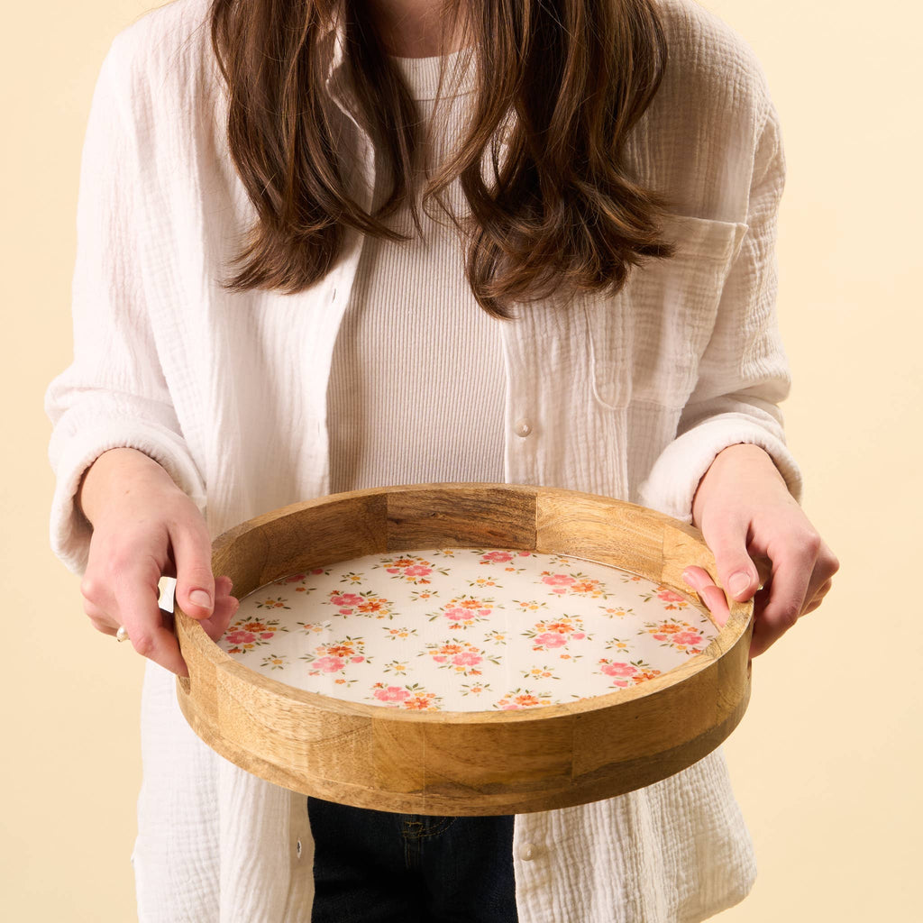 Large Round Wood Enamel Tray-Endless Daydream Cream