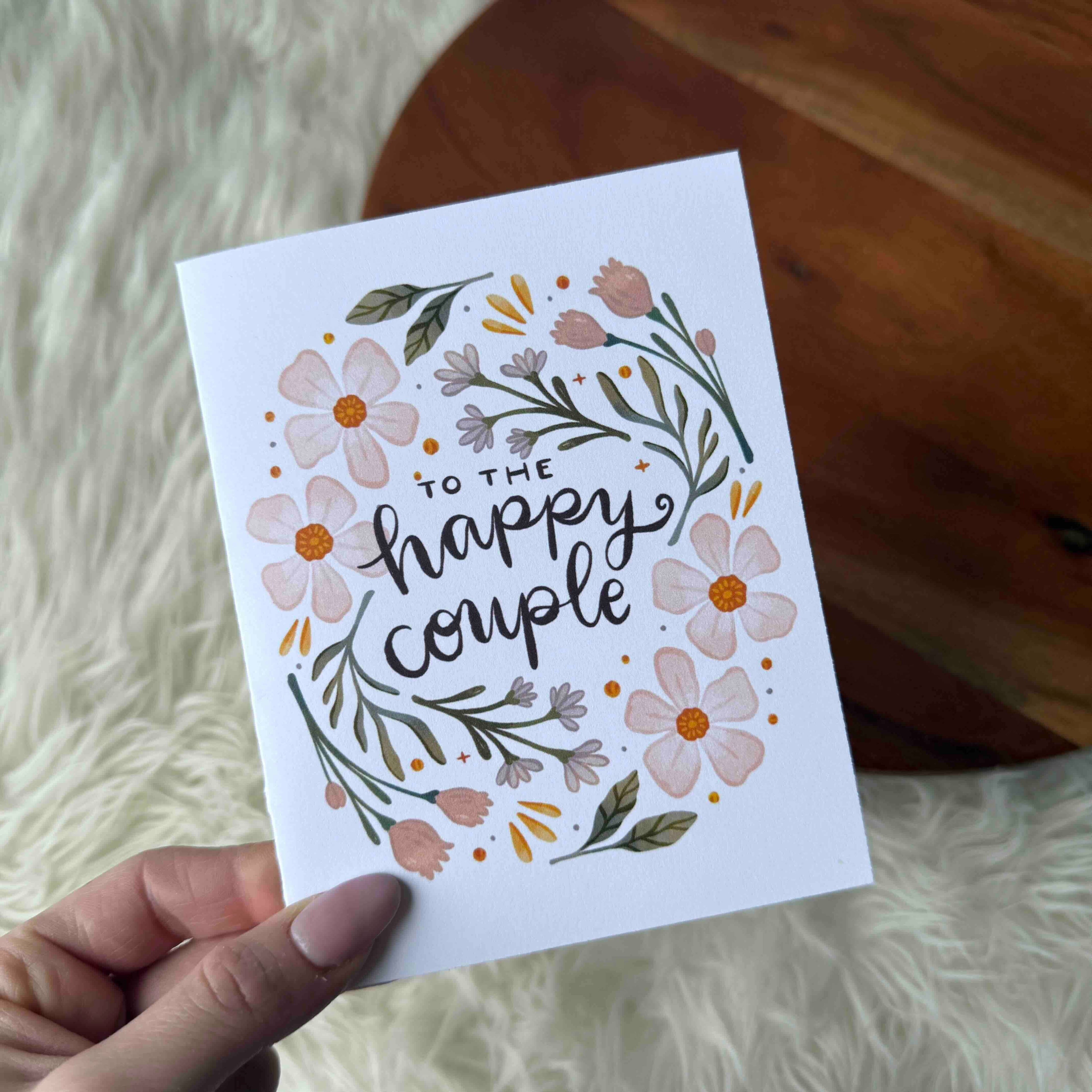 "To the happy couple" Pink Florals Cursive Text Wedding Card