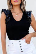 Solid Ribbed Leatherette Ruffle Sleeve Bodysuit: Black
