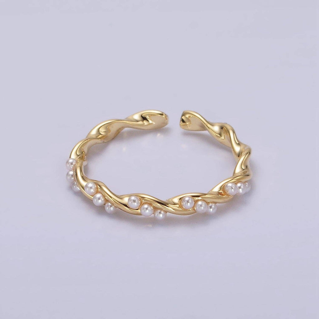 14K Gold Filled Dotted Pearl Lined Croissant Twisted Ring