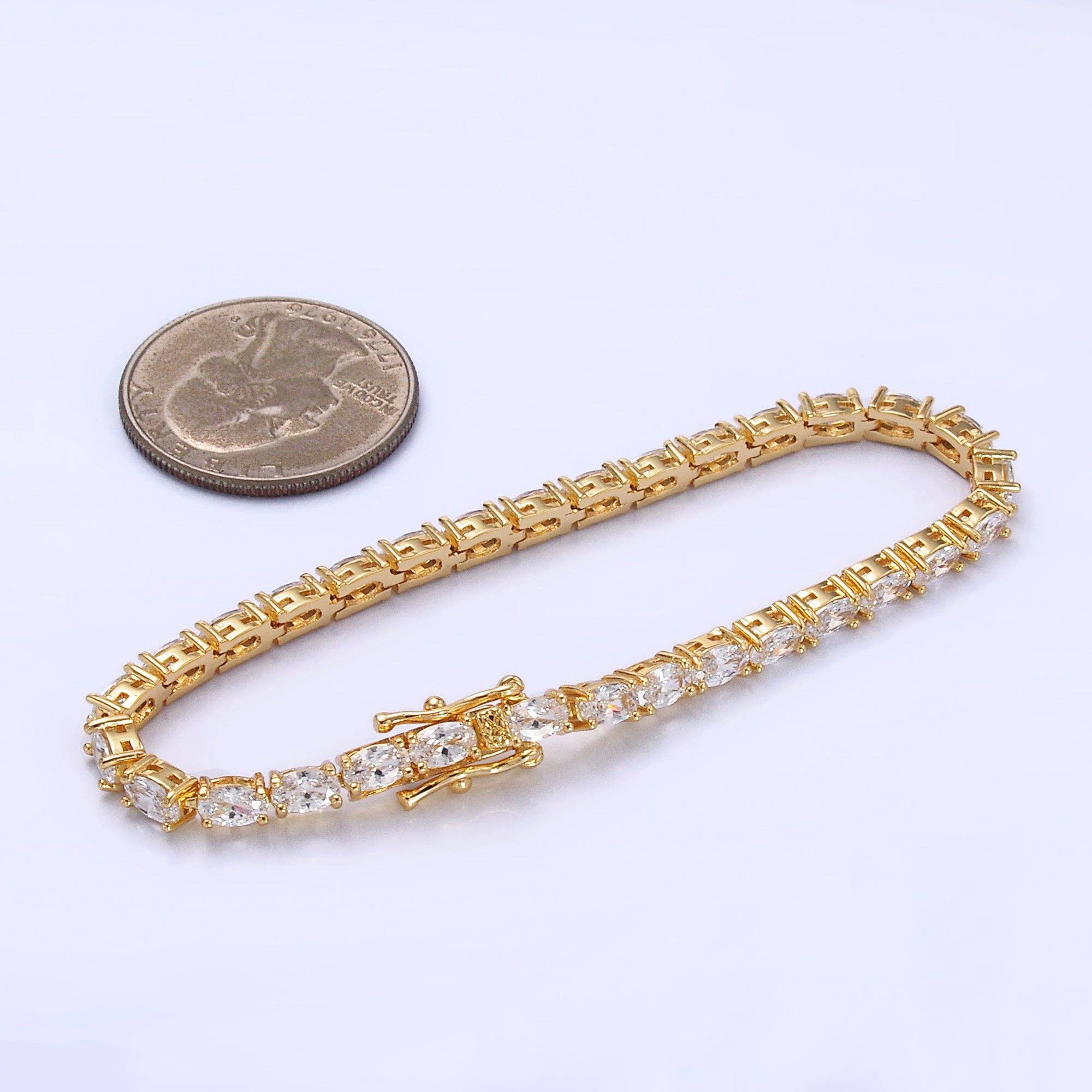 24K Gold Filled Clear Oval CZ Tennis Chain Bracelet in Silver