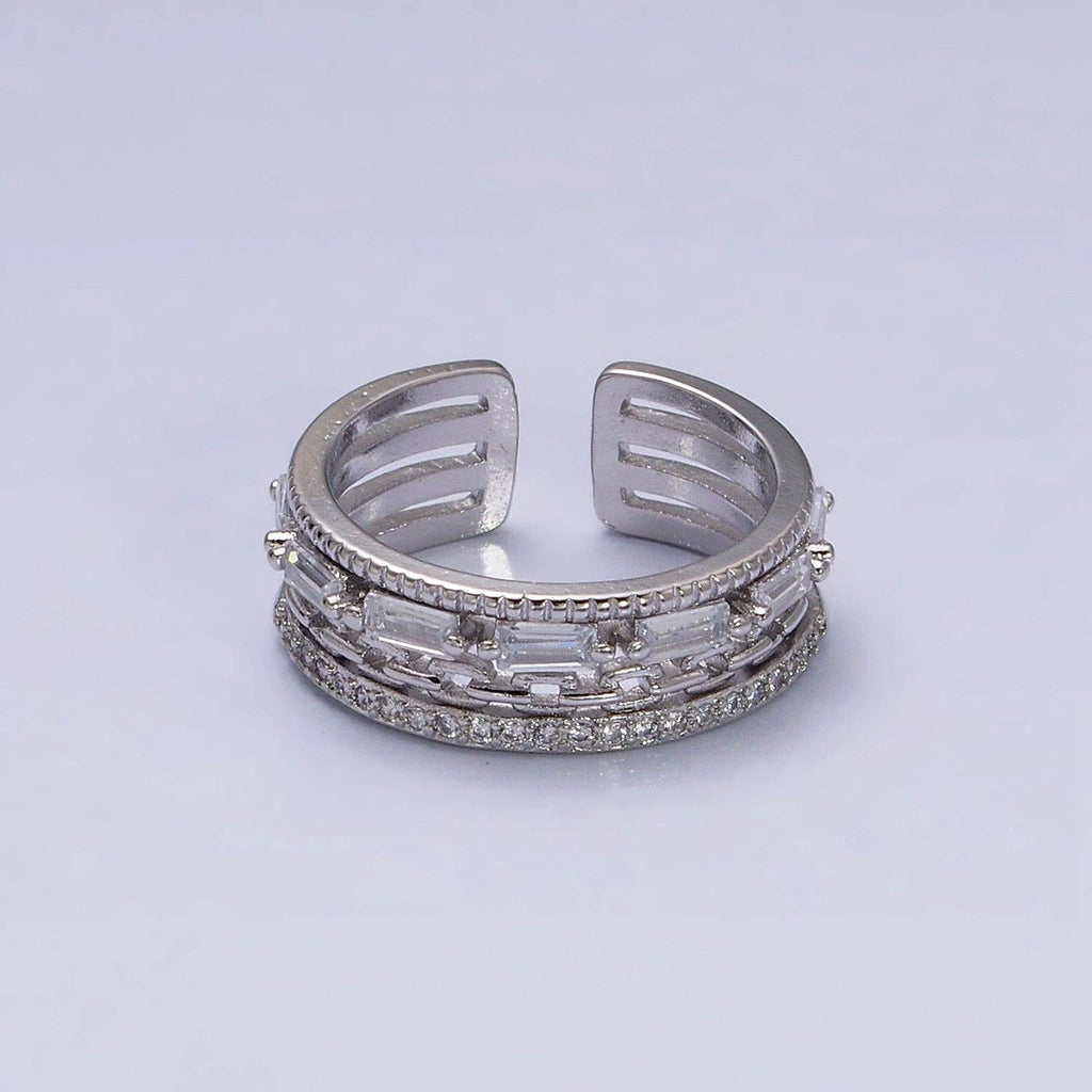 Gold Filled Clear CZ Baguette Cable Link Multiple Band Ring: Silver