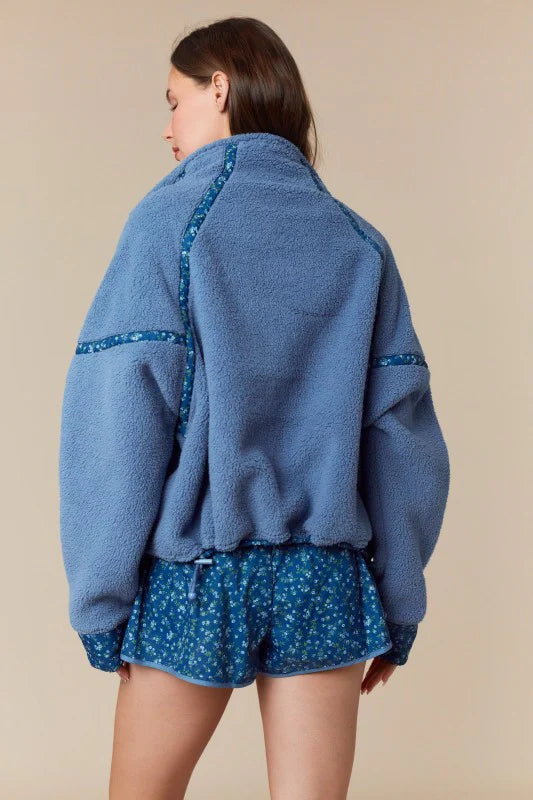 Floral Printed Piping Detail Sherpa Jacket (Blue)