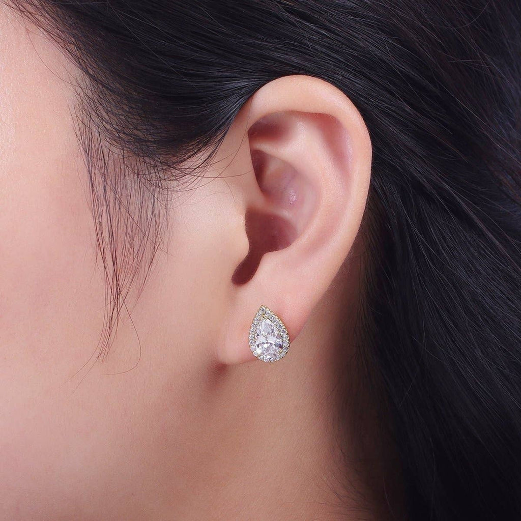 Clear, Green Teardrop Micro Paved CZ Gold Stud Earrings