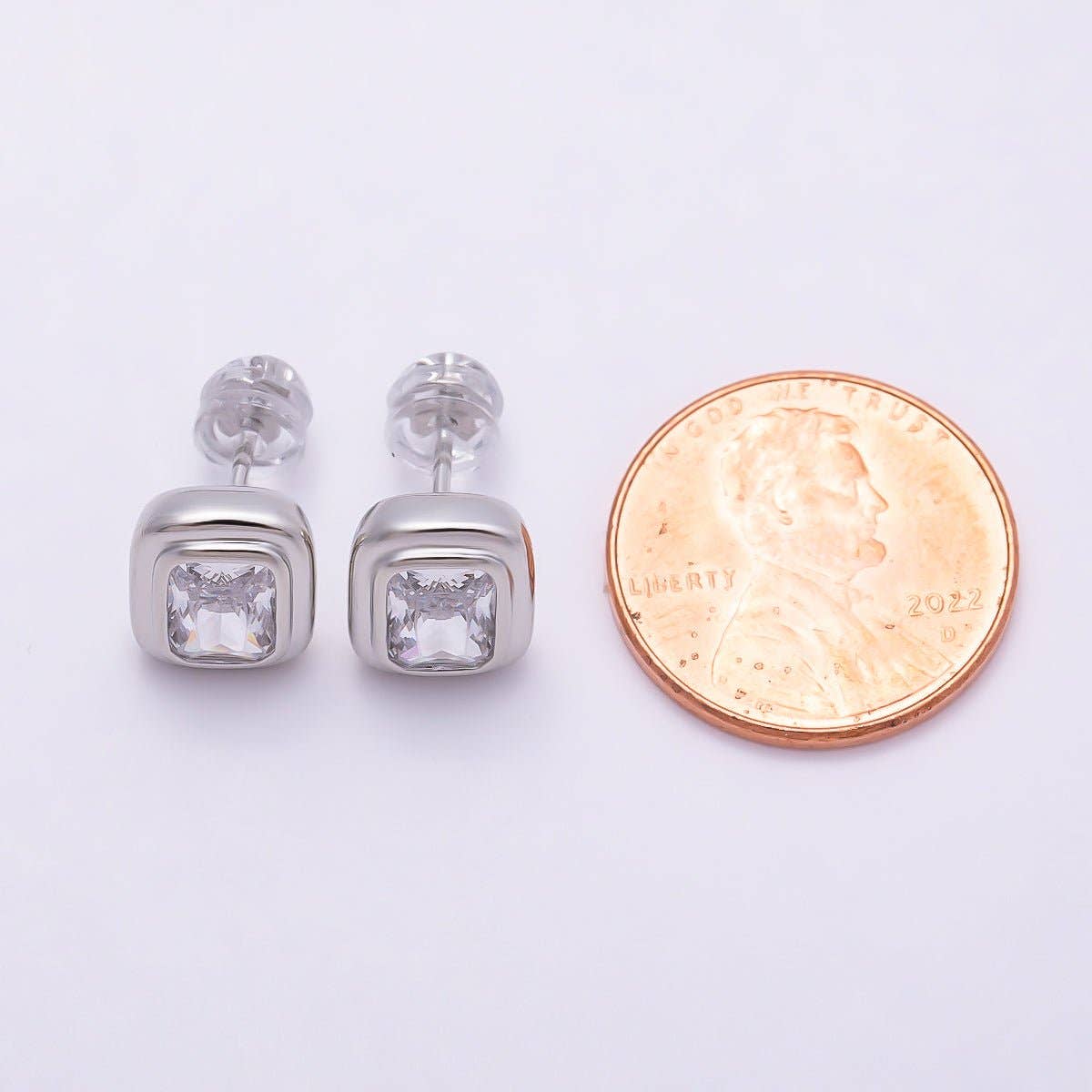 16K Gold Filled 10mm Clear CZ Baguette Bezel Stud Earrings in Silver