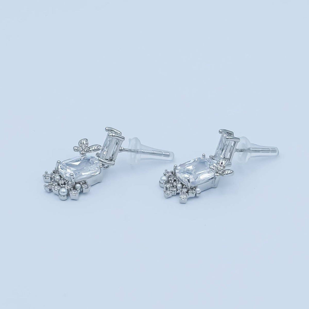 Clear CZ Baguette Pearl Cluster Drop Stud Earrings in Silver