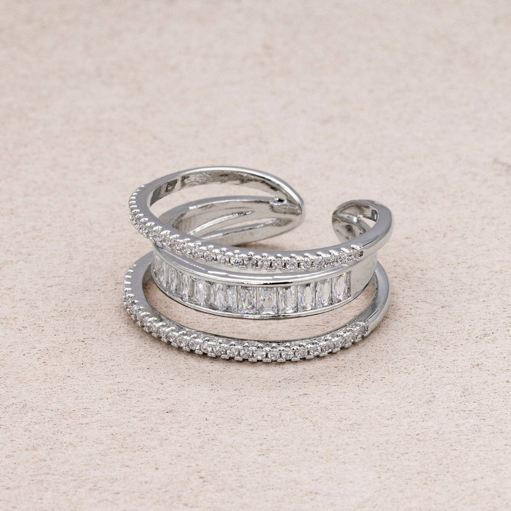 Triple Banded CZ Baguette Micro Pave Adjustable Rings Silver or Gold