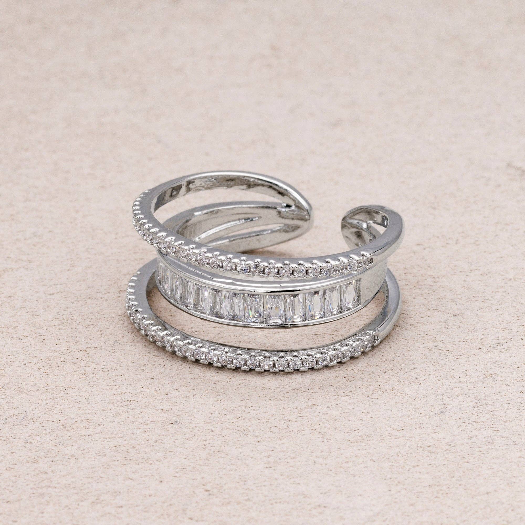 Triple Banded CZ Baguette Micro Pave Adjustable Rings Silver or Gold