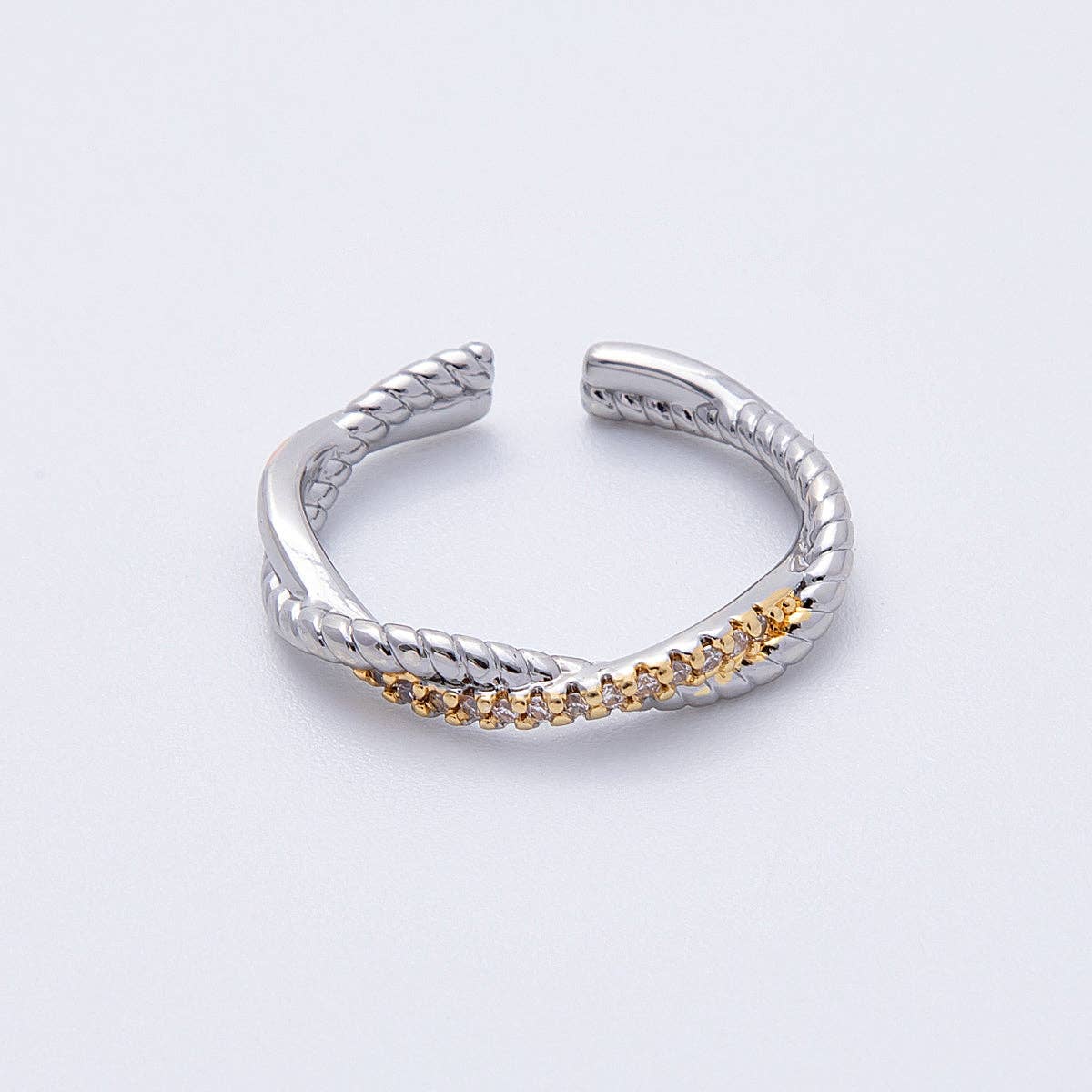 16K Gold Filled Twisted Micro Paved CZ Mixed Metal Ring in Silver