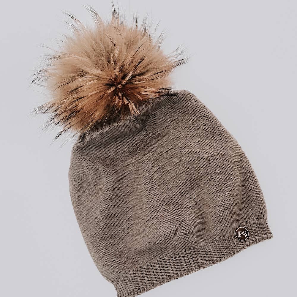Fine Knit Angora Fur Pom Slouchy Beanie : Charcoal