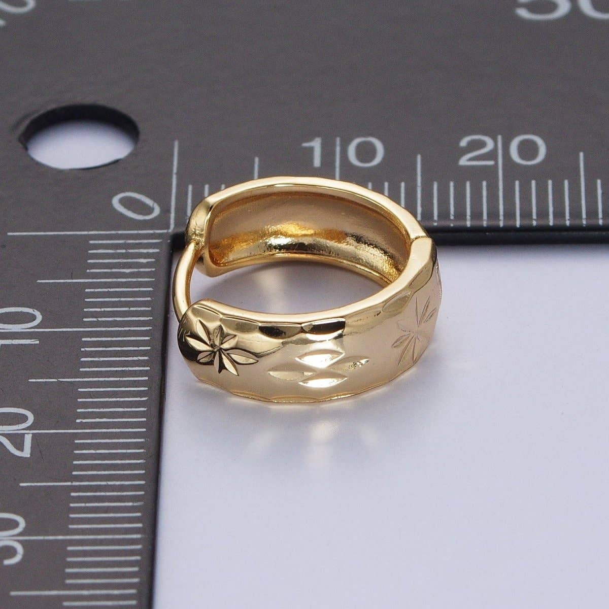Gold Earrings with Textured North Star Carved Wide Small Huggie Hoop Earrings